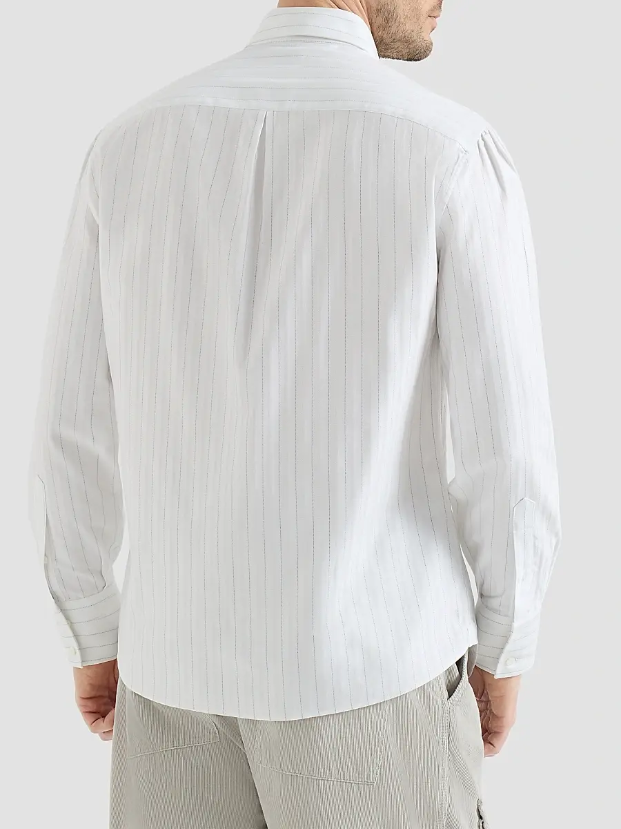 Brunello Cucinelli Men's Cotton Textured Striped Chevron Shirt with Button-Down Collar - White | Thumbnail 3