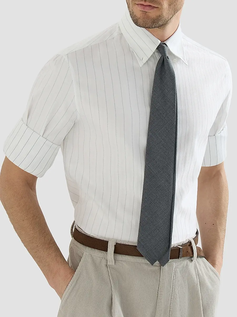 Brunello Cucinelli Men's Cotton Textured Striped Chevron Shirt with Button-Down Collar - White | Thumbnail 4