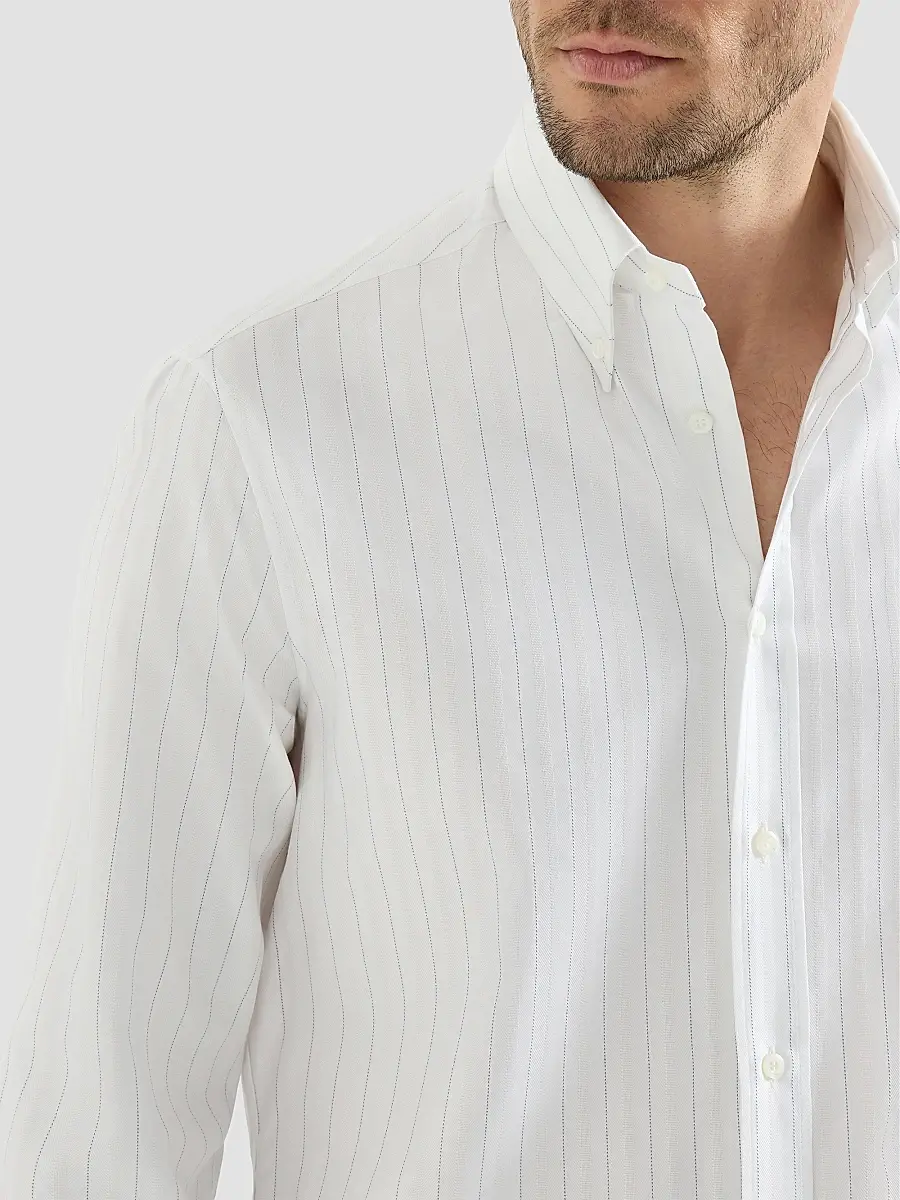 Brunello Cucinelli Men's Cotton Textured Striped Chevron Shirt with Button-Down Collar - White | Thumbnail 5