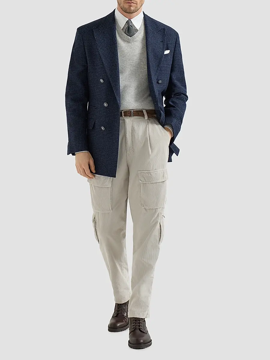 Brunello Cucinelli Men's Cotton Textured Striped Chevron Shirt with Button-Down Collar - White | Thumbnail 6
