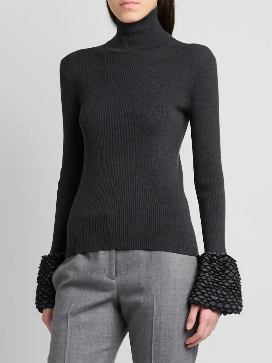 Alexander McQueen Women's Wool Rib-Knit Scalloped-Cuff Top | Thumbnail 4 Alexander McQueen Women's Wool Rib-Knit Scalloped-Cuff Top | Thumbnail 4