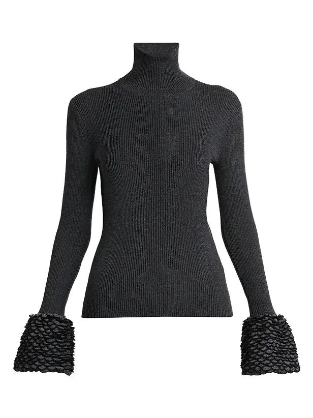 Women's Wool Rib-Knit Scalloped-Cuff Top Women's Wool Rib-Knit Scalloped-Cuff Top