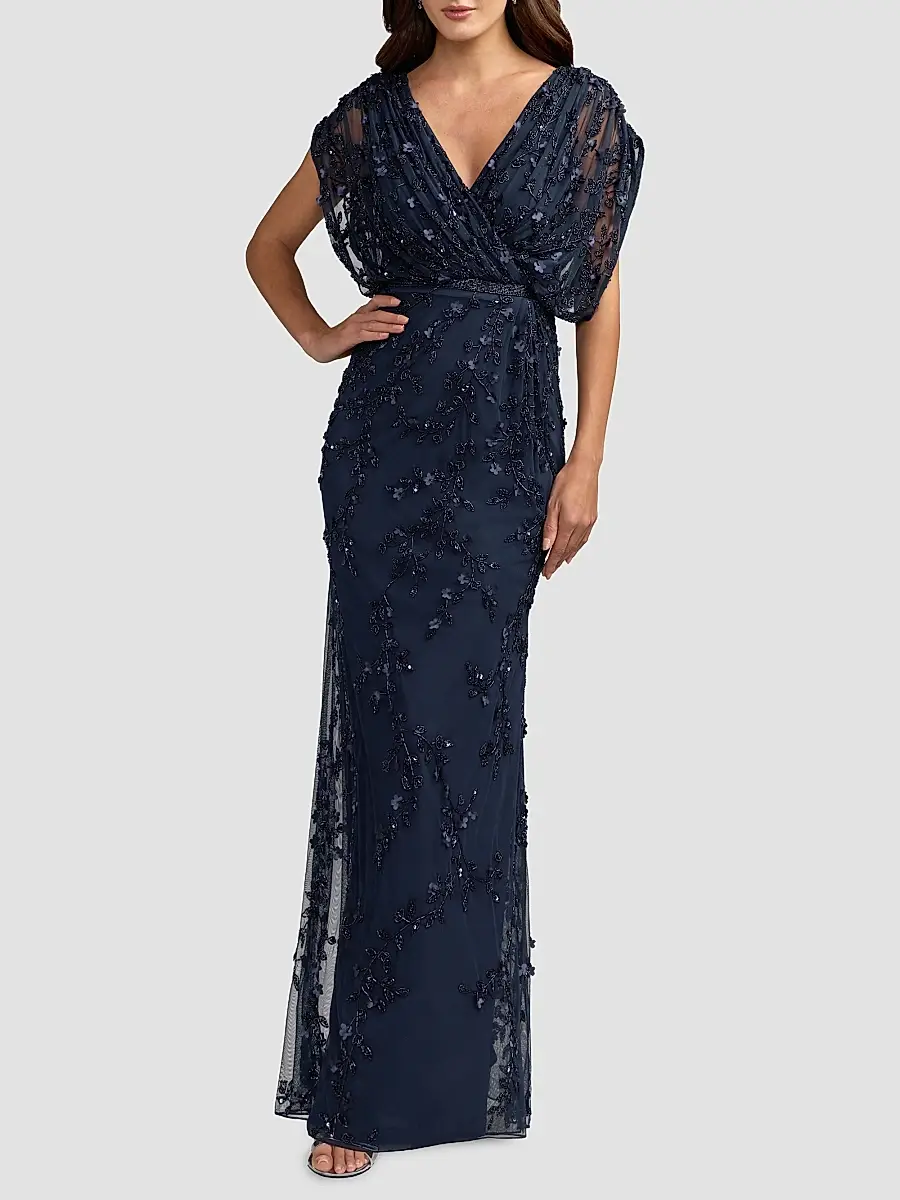 Mac Duggal Women's Beaded Draped Mesh Column Gown | Thumbnail 2 Mac Duggal Women's Beaded Draped Mesh Column Gown | Thumbnail 2