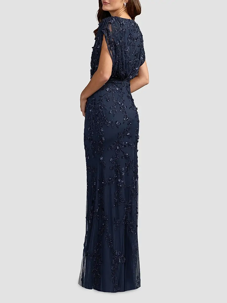 Mac Duggal Women's Beaded Draped Mesh Column Gown | Thumbnail 3 Mac Duggal Women's Beaded Draped Mesh Column Gown | Thumbnail 3
