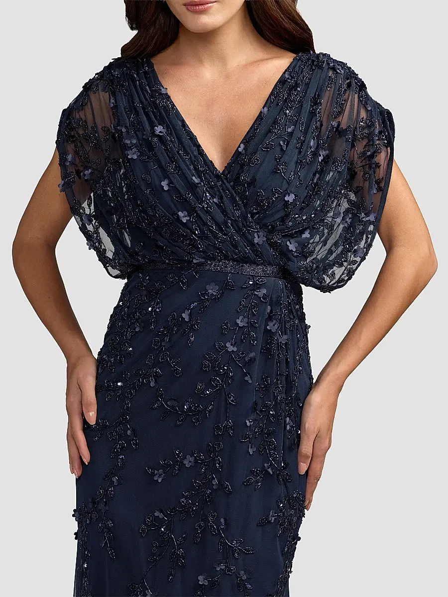 Mac Duggal Women's Beaded Draped Mesh Column Gown | Thumbnail 4 Mac Duggal Women's Beaded Draped Mesh Column Gown | Thumbnail 4