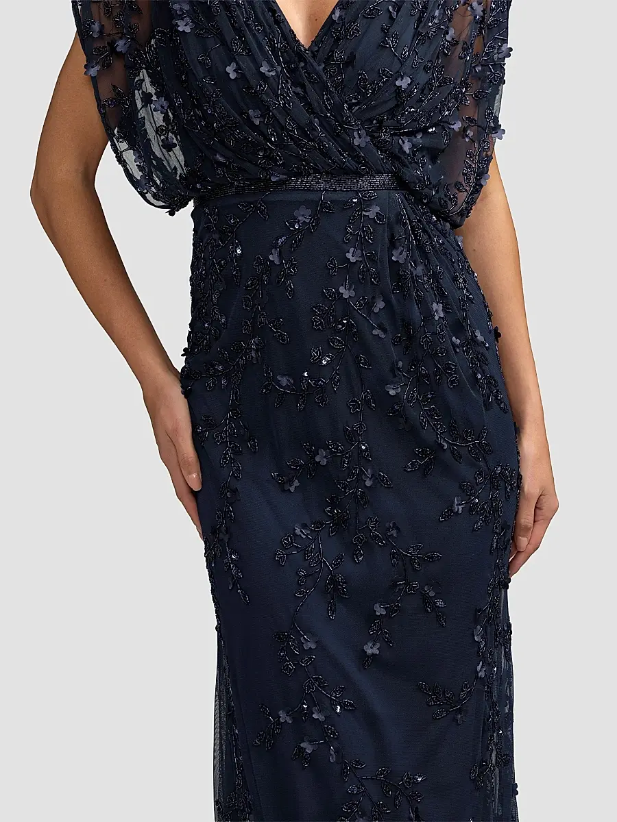 Mac Duggal Women's Beaded Draped Mesh Column Gown | Thumbnail 5 Mac Duggal Women's Beaded Draped Mesh Column Gown | Thumbnail 5