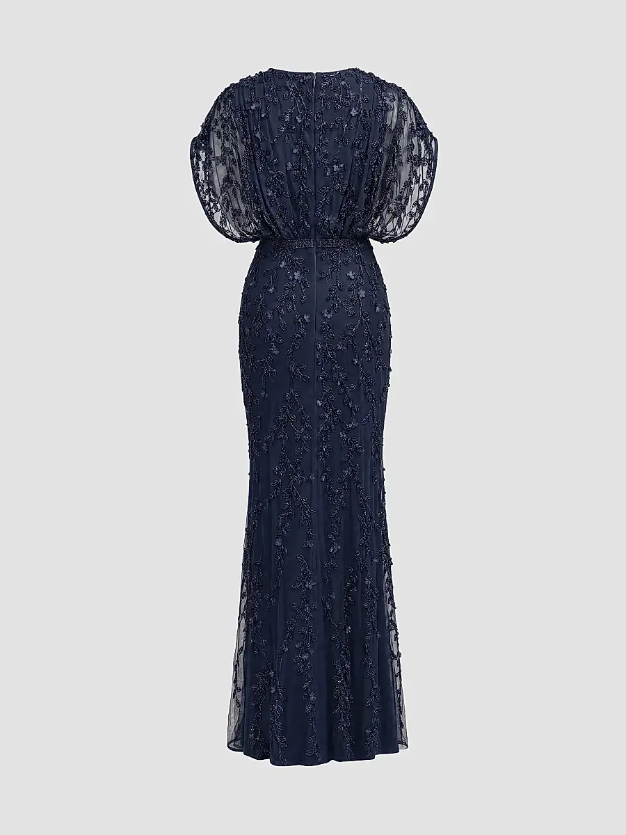 Mac Duggal Women's Beaded Draped Mesh Column Gown | Thumbnail 6 Mac Duggal Women's Beaded Draped Mesh Column Gown | Thumbnail 6