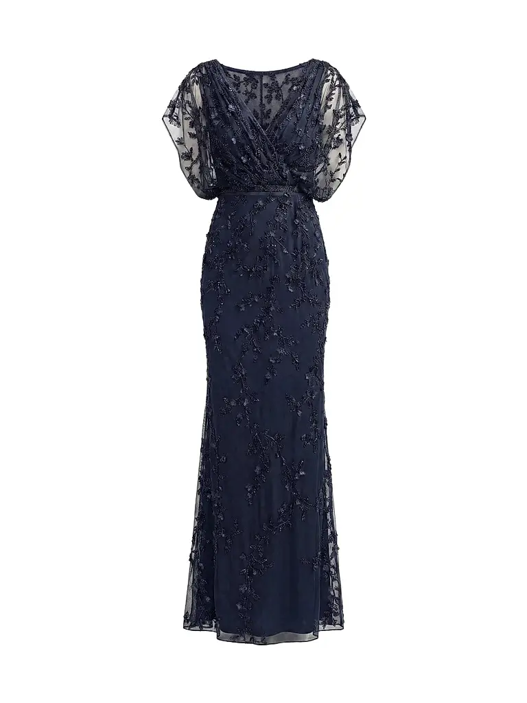 Mac Duggal Women's Beaded Draped Mesh Column Gown
