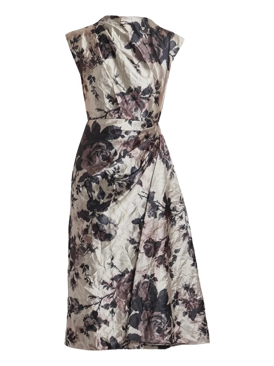 Women's Draped Floral Textured Satin Midi Dress Women's Draped Floral Textured Satin Midi Dress