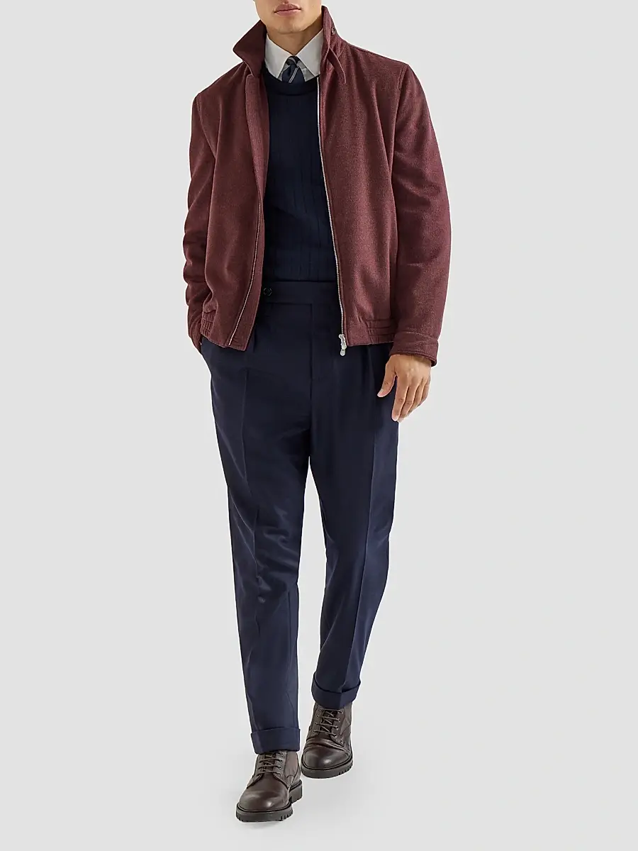 Brunello Cucinelli Men's Virgin Wool Beaver Cloth Bomber Jacket with Zipper - Lava | Thumbnail 2 Brunello Cucinelli Men's Virgin Wool Beaver Cloth Bomber Jacket with Zipper - Lava | Thumbnail 2