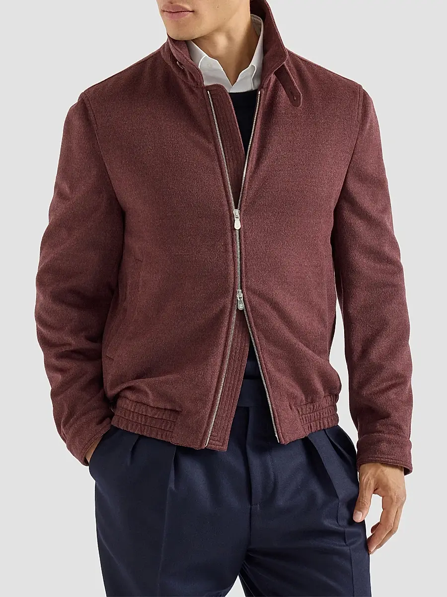 Brunello Cucinelli Men's Virgin Wool Beaver Cloth Bomber Jacket with Zipper - Lava | Thumbnail 3 Brunello Cucinelli Men's Virgin Wool Beaver Cloth Bomber Jacket with Zipper - Lava | Thumbnail 3