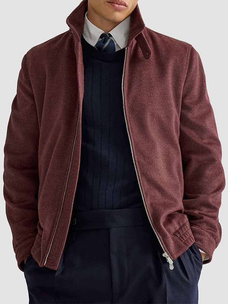 Brunello Cucinelli Men's Virgin Wool Beaver Cloth Bomber Jacket with Zipper - Lava | Thumbnail 6 Brunello Cucinelli Men's Virgin Wool Beaver Cloth Bomber Jacket with Zipper - Lava | Thumbnail 6