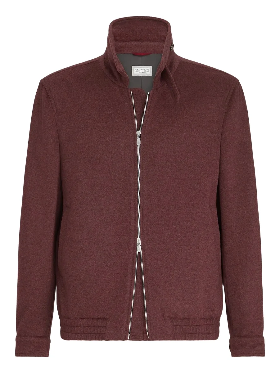 Brunello Cucinelli Men's Virgin Wool Beaver Cloth Bomber Jacket with Zipper - Lava