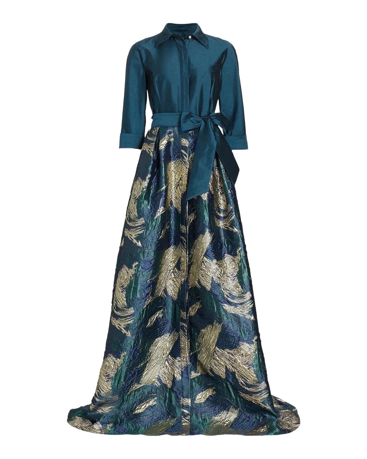 A-Line Metallic Jacquard & Taffeta Shirt Gown