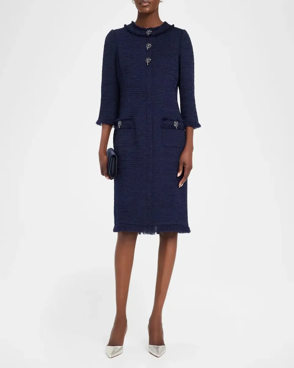 Rickie Freeman for Teri Jon Fringe-Trim Stretch Boucle Dress | Thumbnail 2 Rickie Freeman for Teri Jon Fringe-Trim Stretch Boucle Dress | Thumbnail 2