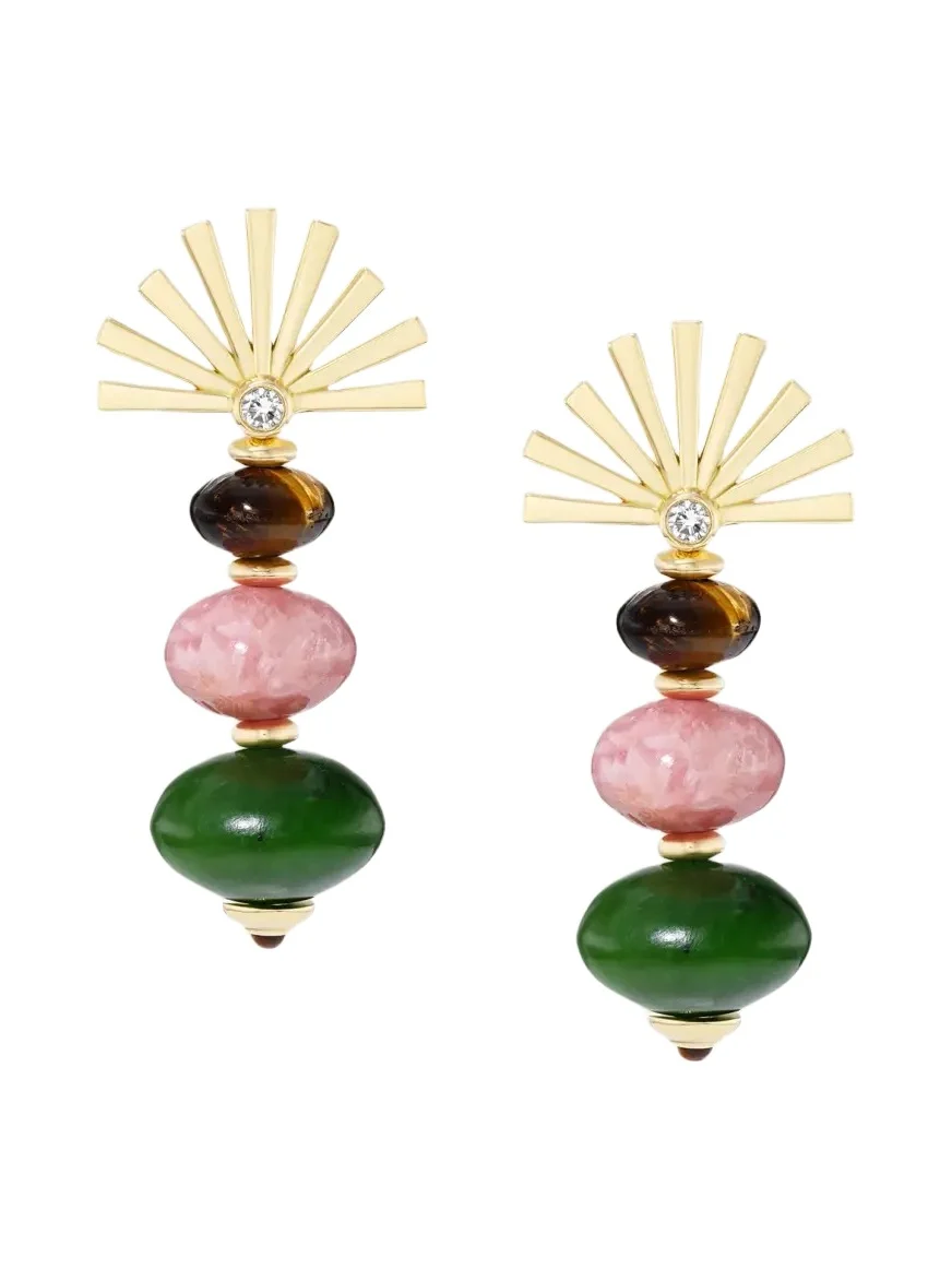 GRACE WINFREY 18K Root Earrings with Nephrite, Rhodochrosite, and Tigers Eye, 40mm
