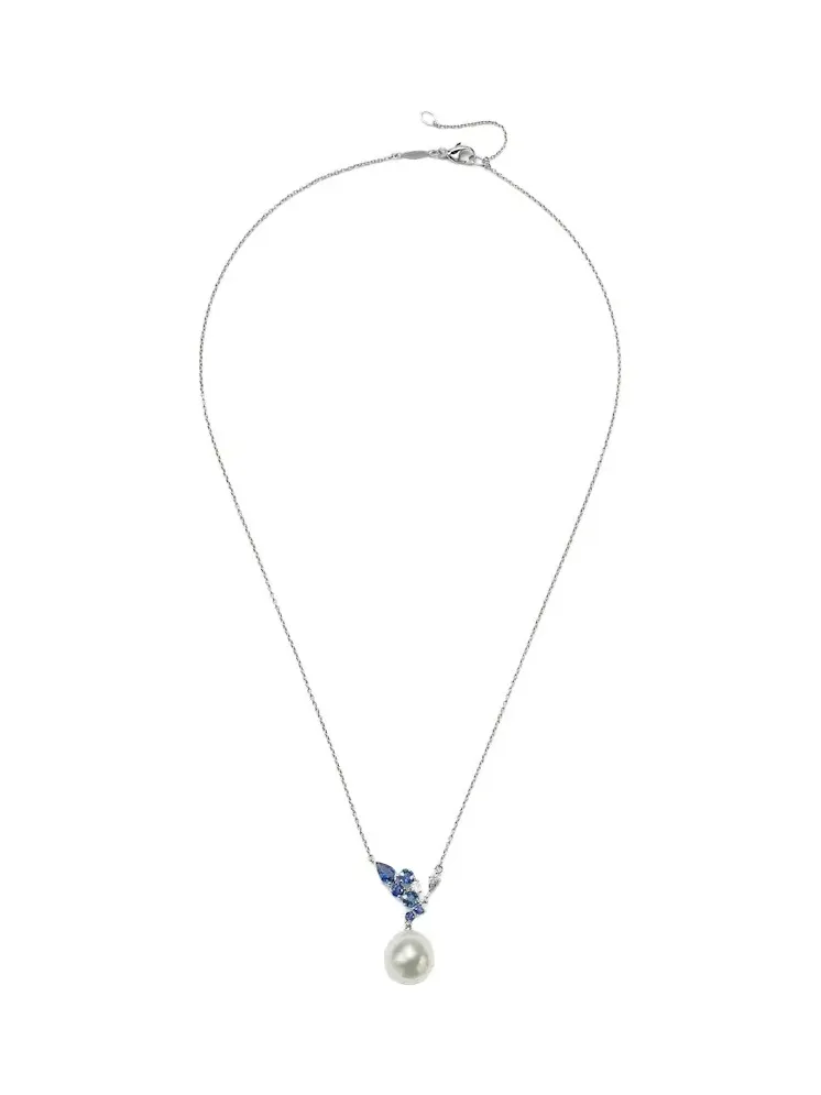 Romance 18kt white gold necklace with sapphires, diamonds, and pearl Romance 18kt white gold necklace with sapphires, diamonds, and pearl