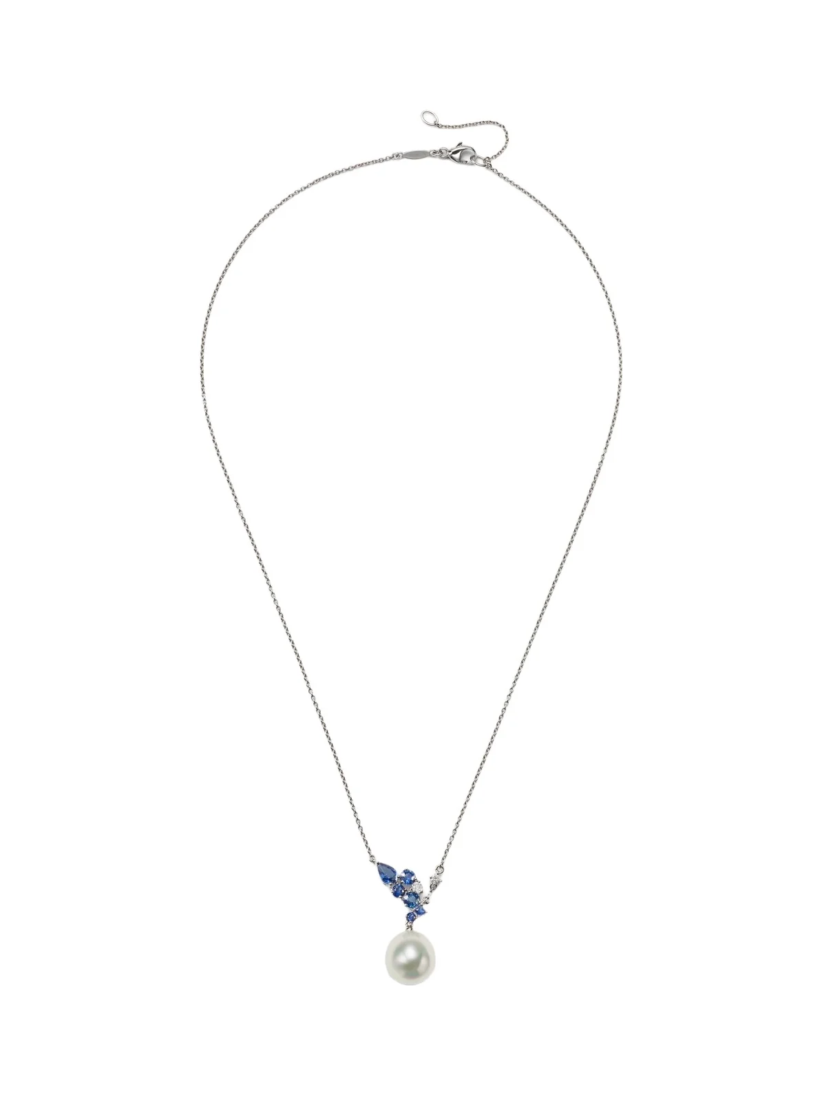 Romance 18kt white gold necklace with sapphires, diamonds, and pearl Romance 18kt white gold necklace with sapphires, diamonds, and pearl