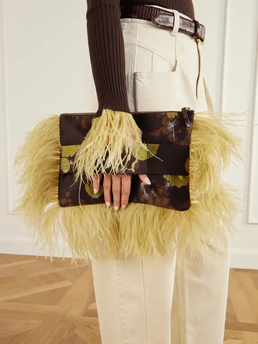 La DoubleJ Party Feather-trimmed Floral-jacquard Clutch | Thumbnail 2