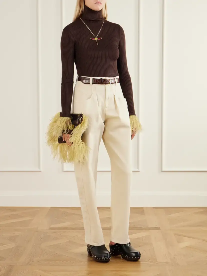 La DoubleJ Party Feather-trimmed Floral-jacquard Clutch | Thumbnail 3