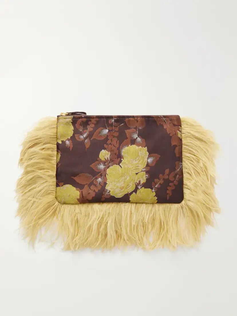La DoubleJ Party Feather-trimmed Floral-jacquard Clutch | Thumbnail 4