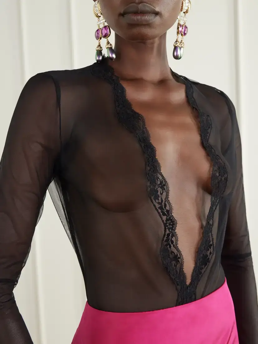 Valentino Garavani Lace-trimmed Mesh Bodysuit | Thumbnail 4