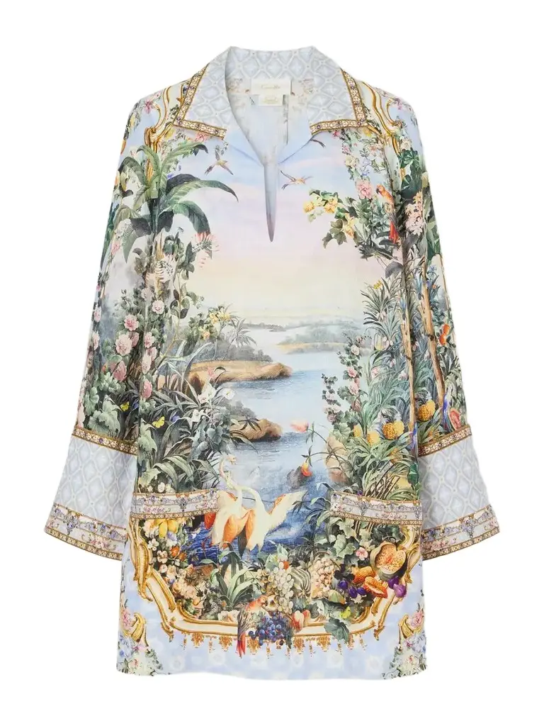 Camilla Sisi Society Crystal-embellished Printed Linen Mini Dress