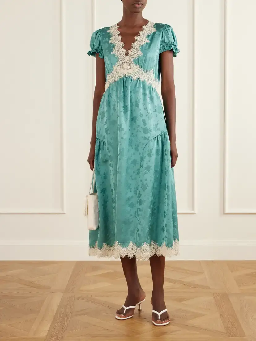 Sea Shay Gathered Lace-trimmed Floral-jacquard Midi Dress | Thumbnail 2 Sea Shay Gathered Lace-trimmed Floral-jacquard Midi Dress | Thumbnail 2