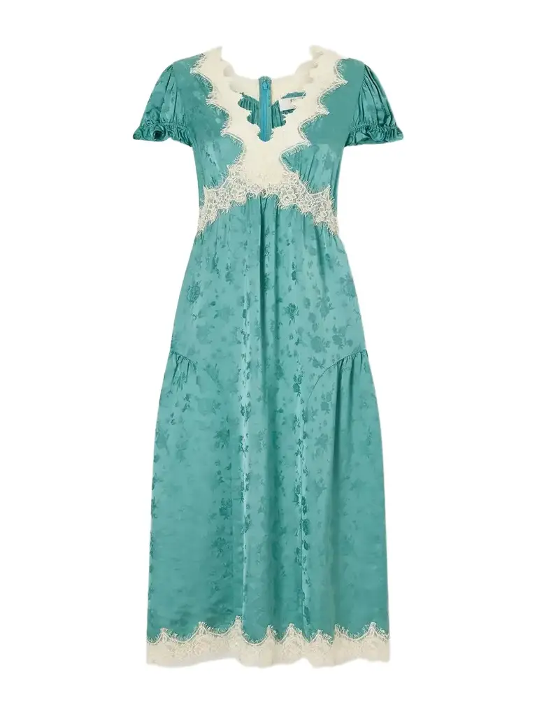 Shay Gathered Lace-trimmed Floral-jacquard Midi Dress
