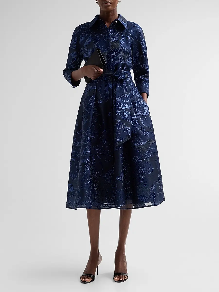 Teri Jon by Rickie Freeman Women's Metallic Jacquard Belted Midi Cocktail Shirtdress | Thumbnail 2 Teri Jon by Rickie Freeman Women's Metallic Jacquard Belted Midi Cocktail Shirtdress | Thumbnail 2