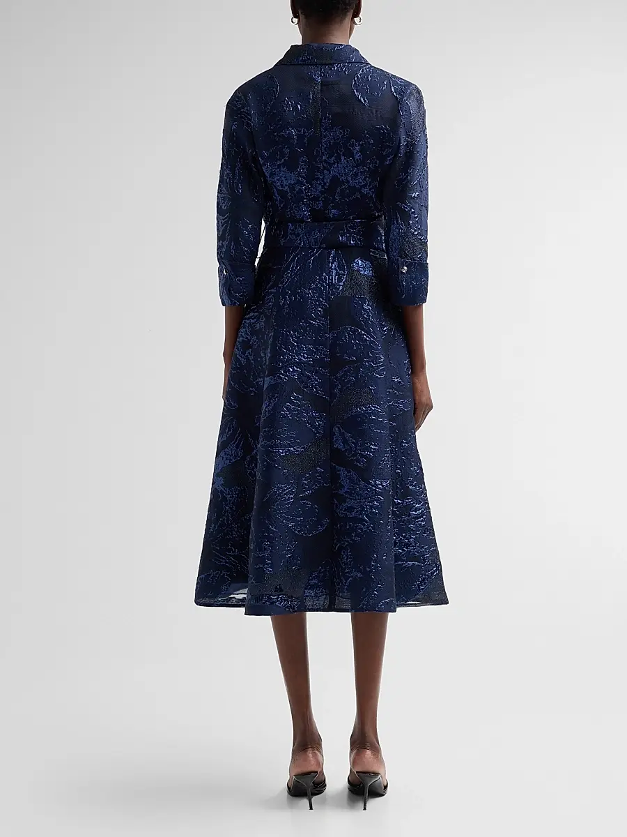 Teri Jon by Rickie Freeman Women's Metallic Jacquard Belted Midi Cocktail Shirtdress | Thumbnail 3 Teri Jon by Rickie Freeman Women's Metallic Jacquard Belted Midi Cocktail Shirtdress | Thumbnail 3