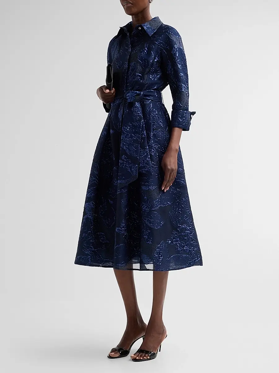 Teri Jon by Rickie Freeman Women's Metallic Jacquard Belted Midi Cocktail Shirtdress | Thumbnail 4 Teri Jon by Rickie Freeman Women's Metallic Jacquard Belted Midi Cocktail Shirtdress | Thumbnail 4