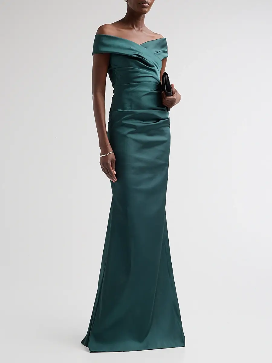 Teri Jon by Rickie Freeman Women's Off-The-Shoulder Ruched Satin Gown | Thumbnail 4 Teri Jon by Rickie Freeman Women's Off-The-Shoulder Ruched Satin Gown | Thumbnail 4