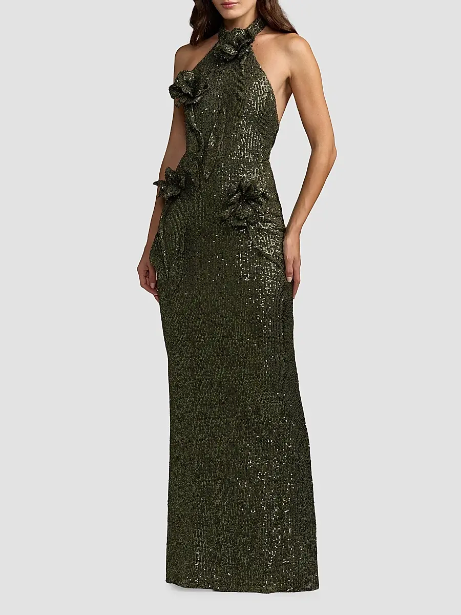 Mac Duggal Women's Sequin 3D Flower Halter Column Gown | Thumbnail 2 Mac Duggal Women's Sequin 3D Flower Halter Column Gown | Thumbnail 2