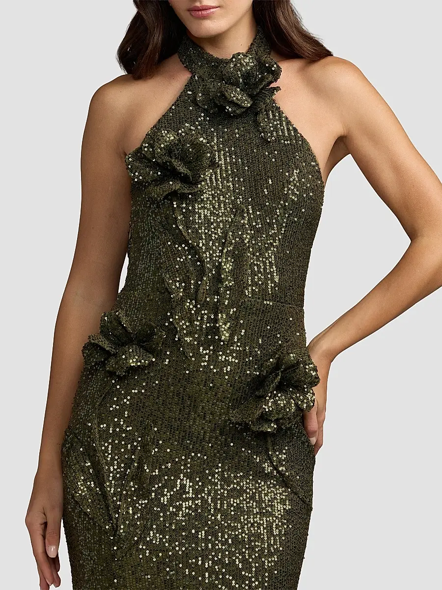 Mac Duggal Women's Sequin 3D Flower Halter Column Gown | Thumbnail 4 Mac Duggal Women's Sequin 3D Flower Halter Column Gown | Thumbnail 4