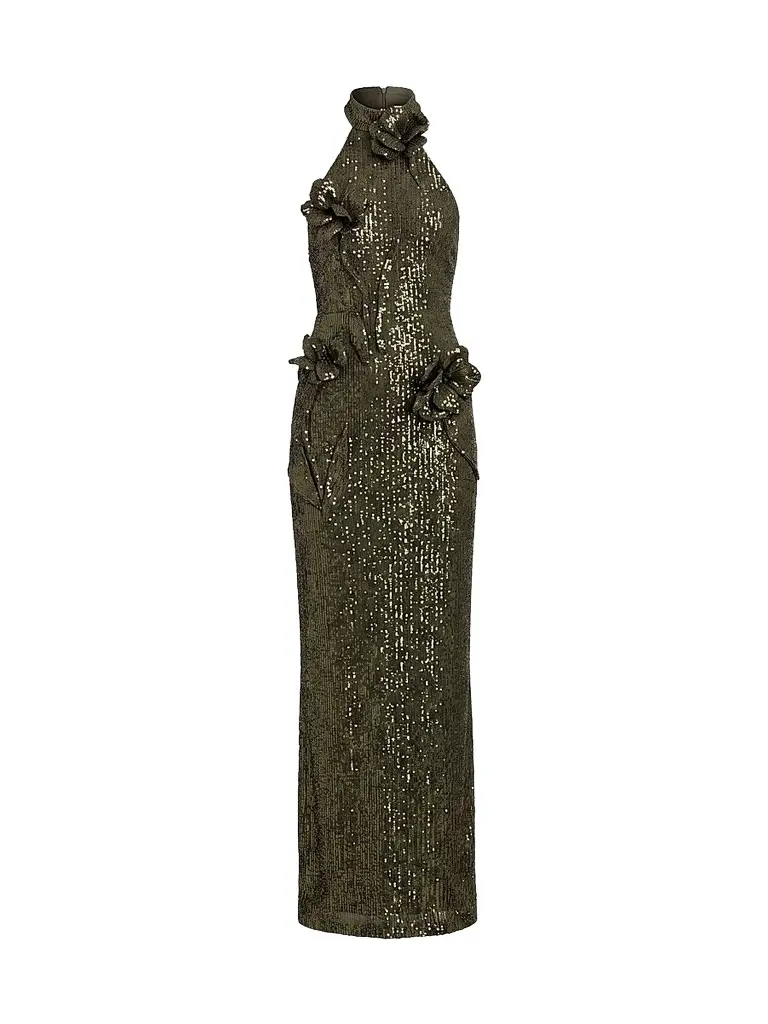 Mac Duggal Women's Sequin 3D Flower Halter Column Gown