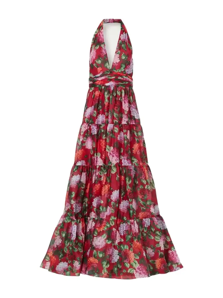 Carolina Herrera Tiered Pleated Floral-print Silk Halterneck Gown