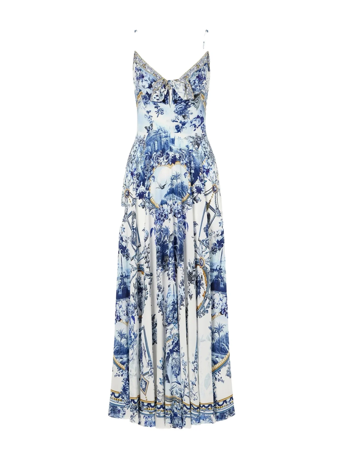 Porcelain Parlour Tie-detail Crystal-embellished Printed Silk Maxi Dress