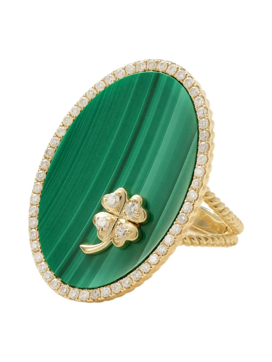 Médaillon Trèfle 9-karat Gold, Malachite And Diamond Ring - Green Médaillon Trèfle 9-karat Gold, Malachite And Diamond Ring - Green