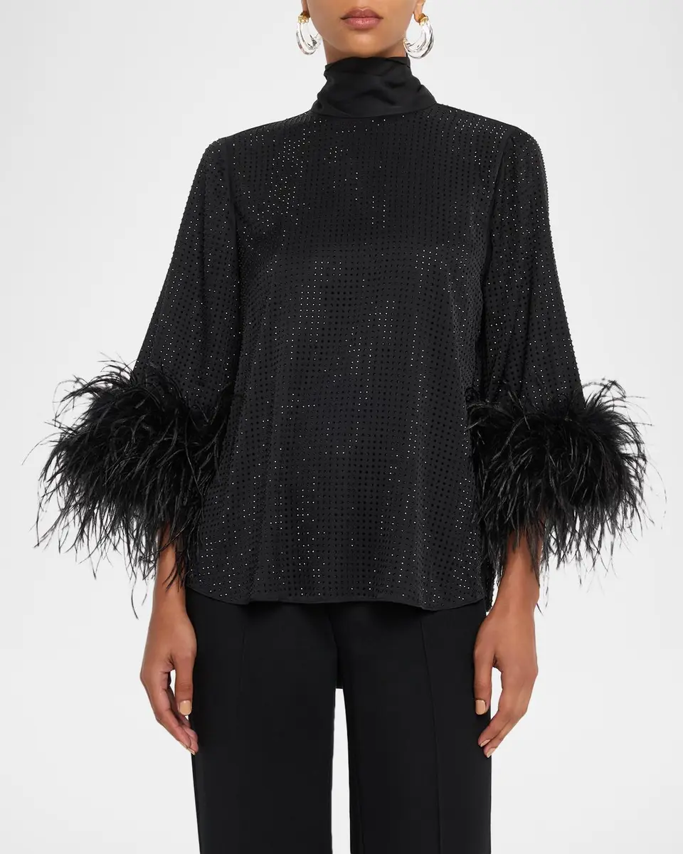 Ungaro Claire Strass Feather-Cuff Turtleneck Blouse | Thumbnail 4 Ungaro Claire Strass Feather-Cuff Turtleneck Blouse | Thumbnail 4