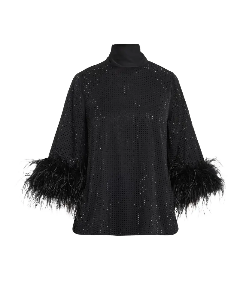 Claire Strass Feather-Cuff Turtleneck Blouse Claire Strass Feather-Cuff Turtleneck Blouse