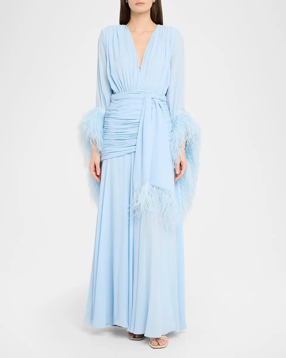 Bronx and Banco Geisha Feather-Trim Deep V-Neck Gown | Thumbnail 2 Bronx and Banco Geisha Feather-Trim Deep V-Neck Gown | Thumbnail 2