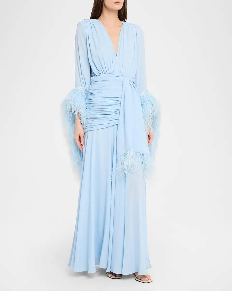Bronx and Banco Geisha Feather-Trim Deep V-Neck Gown | Thumbnail 4 Bronx and Banco Geisha Feather-Trim Deep V-Neck Gown | Thumbnail 4