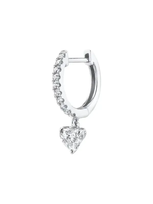 18K White Gold Pave Huggie Earring with Heart Diamond Drop, Single 18K White Gold Pave Huggie Earring with Heart Diamond Drop, Single