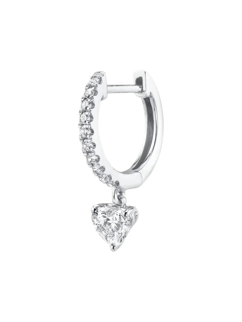 18K White Gold Pave Huggie Earring with Heart Diamond Drop, Single 18K White Gold Pave Huggie Earring with Heart Diamond Drop, Single