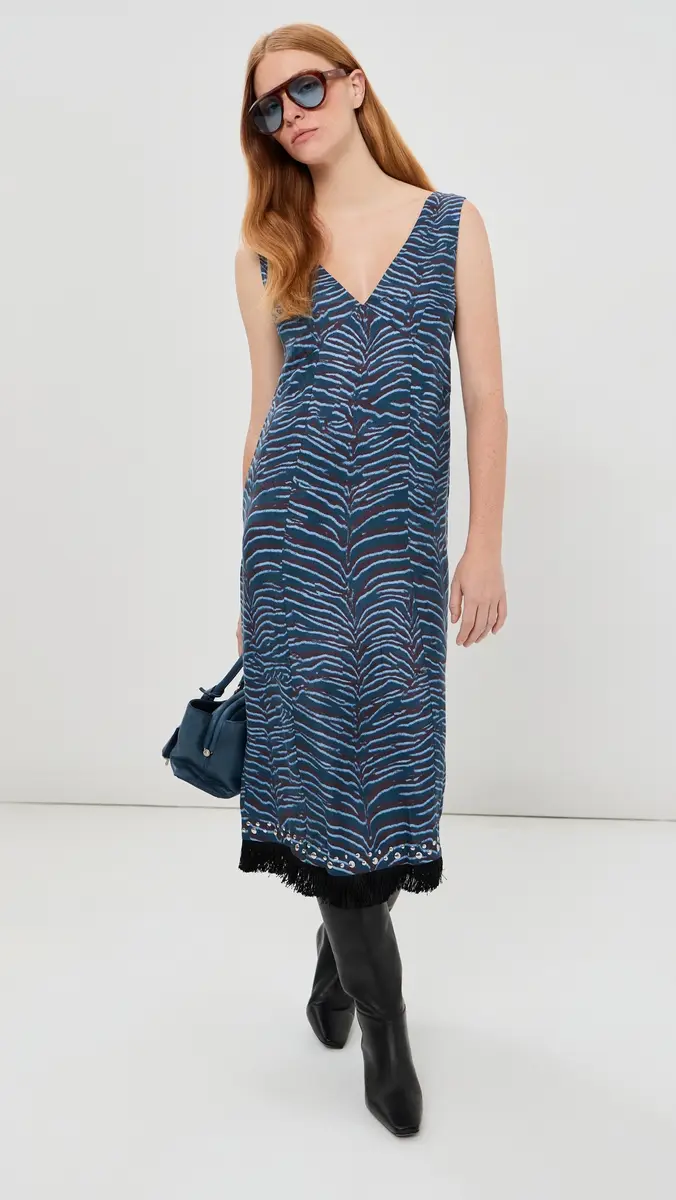 3.1 Phillip Lim Tiger Print Studded Midi Dress with Fringe Petrol Multi | Thumbnail 2 3.1 Phillip Lim Tiger Print Studded Midi Dress with Fringe Petrol Multi | Thumbnail 2
