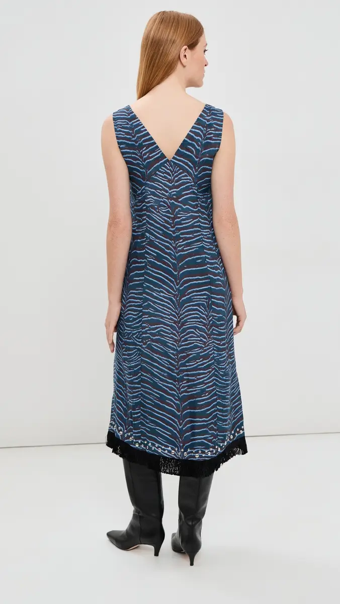 3.1 Phillip Lim Tiger Print Studded Midi Dress with Fringe Petrol Multi | Thumbnail 3 3.1 Phillip Lim Tiger Print Studded Midi Dress with Fringe Petrol Multi | Thumbnail 3
