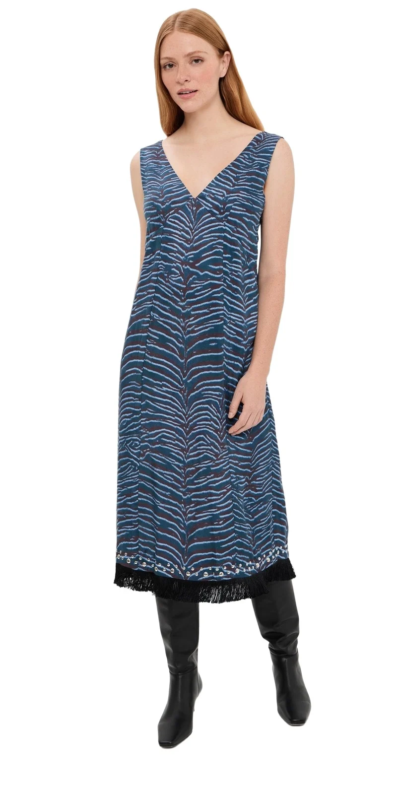 Tiger Print Studded Midi Dress with Fringe Petrol Multi Tiger Print Studded Midi Dress with Fringe Petrol Multi