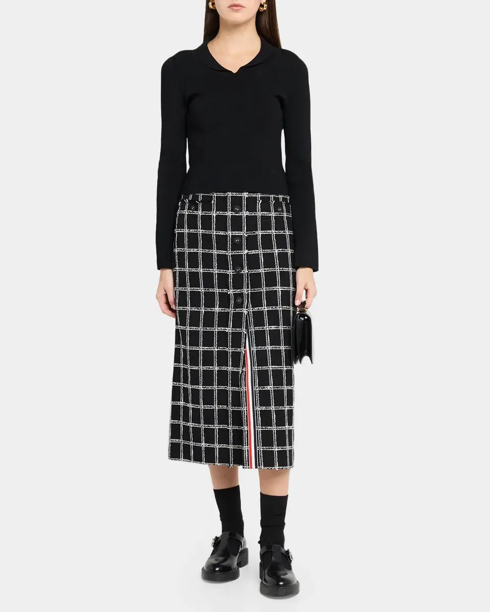 Thom Browne Windowpane Tweed Frayed Button-Front Midi Skirt | Thumbnail 2 Thom Browne Windowpane Tweed Frayed Button-Front Midi Skirt | Thumbnail 2