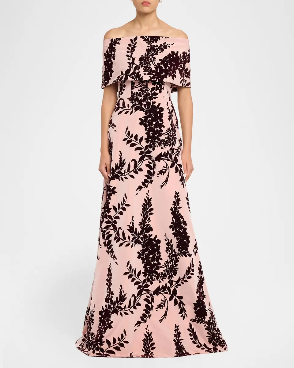 Lela Rose Flocked Taffeta Off-The-Shoulder A-Line Gown | Thumbnail 2 Lela Rose Flocked Taffeta Off-The-Shoulder A-Line Gown | Thumbnail 2